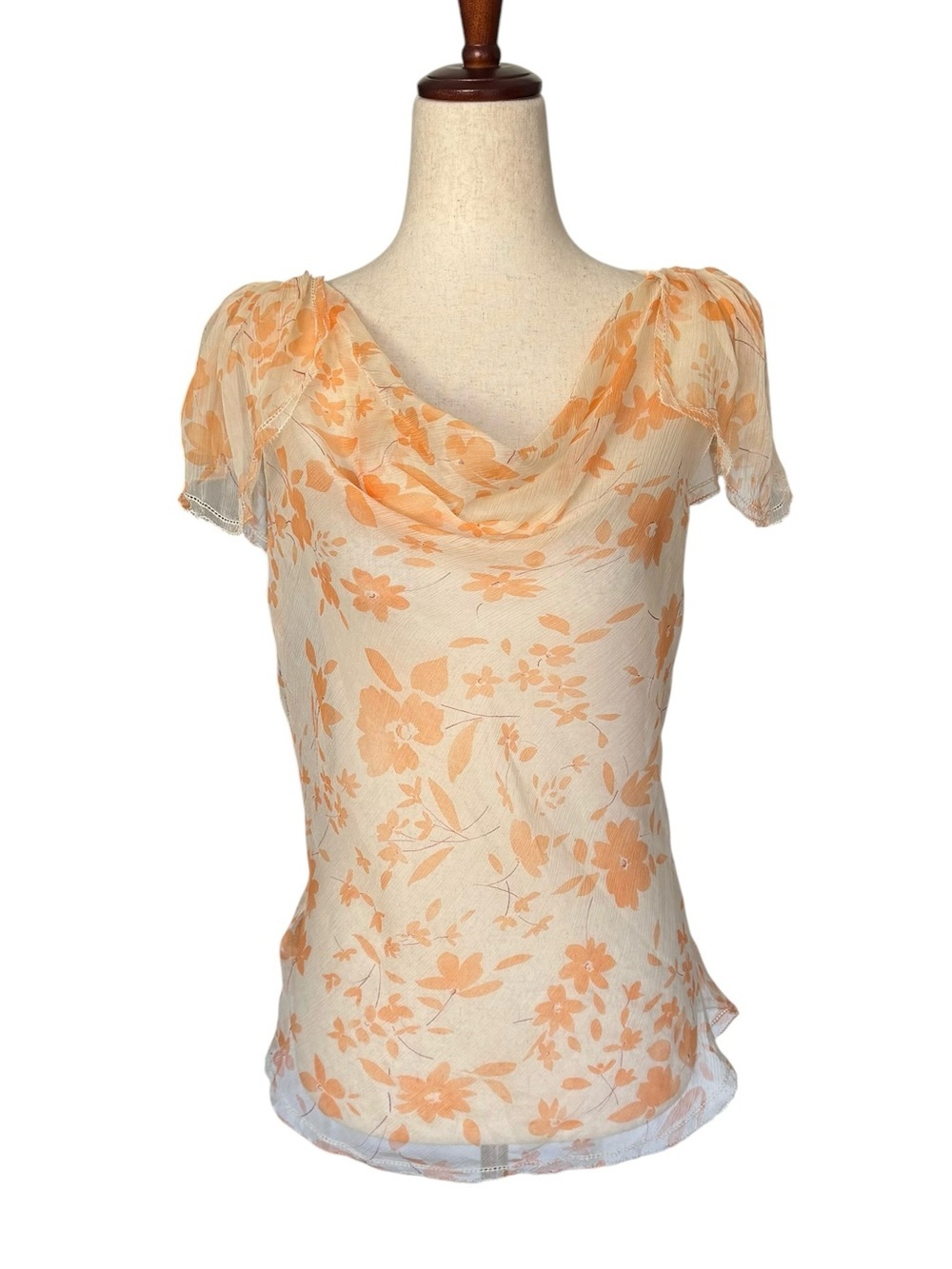 Vintage 90s Leon Max Sheer Silk Floral Cowl Neck Top 30s Tea Romantic sm med